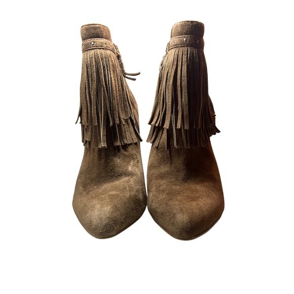 WHITE HOUSE BLACK MARKET Suede Fringe Brown Ankle Boots Sz 7 Stiletto Sassy Boho - Picture 5 of 12